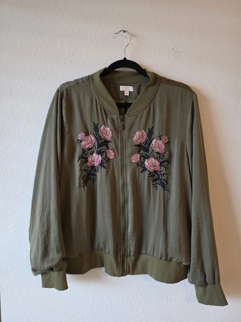 Women's Olive Green Embroidered Rose Bomber Jacket - Picture 8 of 9